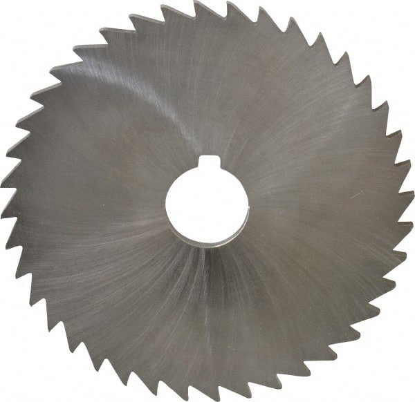 Made in USA - 5" Diam x 3/16" Blade Thickness x 1" Arbor Hole Diam, 36 Tooth Slitting and Slotting Saw - Arbor Connection, Right Hand, Uncoated, High Speed Steel, Concave Ground, Contains Keyway - Exact Tooling