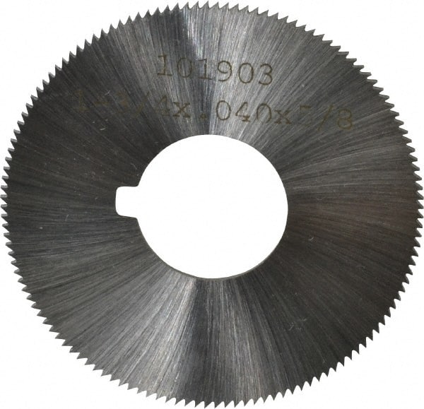 Made in USA - 1-3/4" Diam x 0.04" Blade Thickness x 5/8" Arbor Hole Diam, 132 Tooth Slitting and Slotting Saw - Arbor Connection, Right Hand, Uncoated, High Speed Steel, Concave Ground, Contains Keyway - Exact Tooling