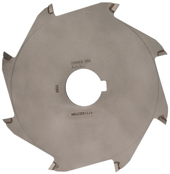 Made in USA - 6" Diam x 1/8" Blade Thickness x 1-1/4" Arbor Hole Diam, 8 Tooth Slitting and Slotting Saw - Arbor Connection, Right Hand, Uncoated, Carbide-Tipped, Contains Keyway - Exact Tooling