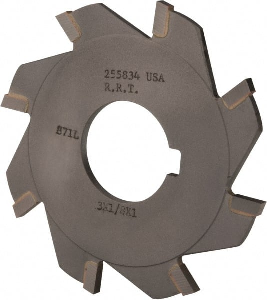 Made in USA - 3" Diam x 1/8" Blade Thickness x 1" Arbor Hole Diam, 8 Tooth Slitting and Slotting Saw - Arbor Connection, Right Hand, Uncoated, Carbide-Tipped, Contains Keyway - Exact Tooling