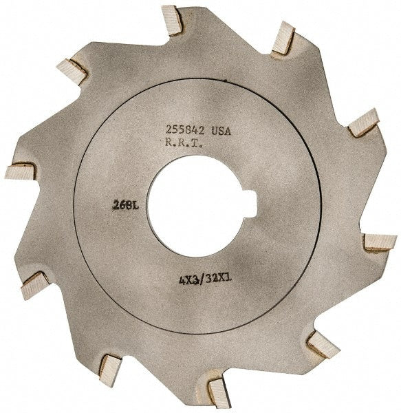 Made in USA - 4" Diam x 3/32" Blade Thickness x 1" Arbor Hole Diam, 10 Tooth Slitting and Slotting Saw - Arbor Connection, Right Hand, Uncoated, Carbide-Tipped, Contains Keyway - Exact Tooling