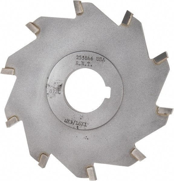 Made in USA - 4" Diam x 3/16" Blade Thickness x 1" Arbor Hole Diam, 10 Tooth Slitting and Slotting Saw - Arbor Connection, Right Hand, Uncoated, Carbide-Tipped, Contains Keyway - Exact Tooling