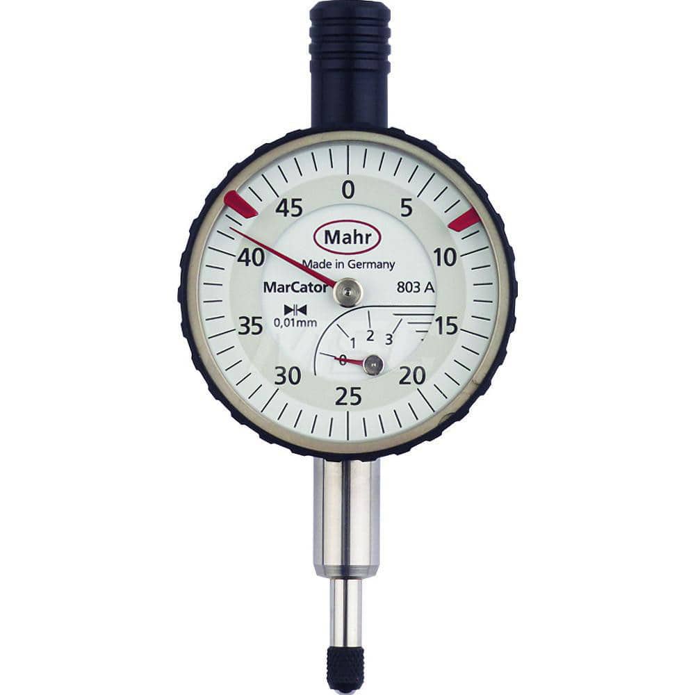 Mahr - Dial Drop Indicators; Maximum Measurement (Inch): 0.12 ; Maximum Measurement (mm): 3.00 ; Dial Graduation (mm): 0.0100 ; Dial Graduation (Decimal Inch): 0.000400 ; Dial Reading: 0-50 ; Dial Diameter (mm): 34.00 - Exact Tooling
