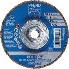 PFERD - Flap Discs; Abrasive Type: Coated ; Flap Disc Type: Type 29 ; Disc Diameter (Inch): 4-1/2 ; Abrasive Material: Aluminum Oxide ; Grit: 40 ; Attaching System: Threaded Hole - Exact Tooling