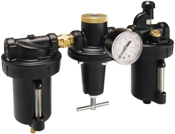 Parker - 3/4" NPT Port Heavy Duty 3 Piece Filter-Regulator-Lubricator FRL Unit - Metal Bowl, 220 SCFM, 250 Max psi, 13" High, Automatic Drain - Exact Tooling