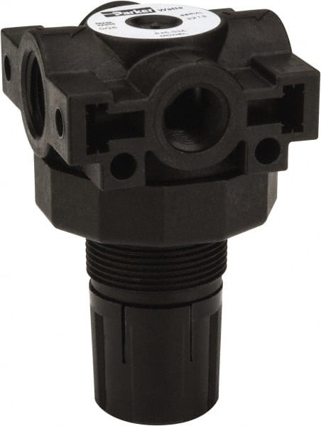 Parker - 3/8 NPT Port, Plastic Miniature Regulator - 0 to 25 psi Range, 150 Max psi Supply Pressure, 1/4" Gauge Port Thread, 2.06" Wide x 3.43" High - Exact Tooling
