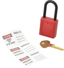 Master Lock - Keyed Different Nonconductive Lockout Padlock - 1-1/2" Shackle Clearance, 1/4" Shackle Diam, 1-3/4" Body Height x 1-1/2" Body Width, Red, 6 Pins - Exact Tooling