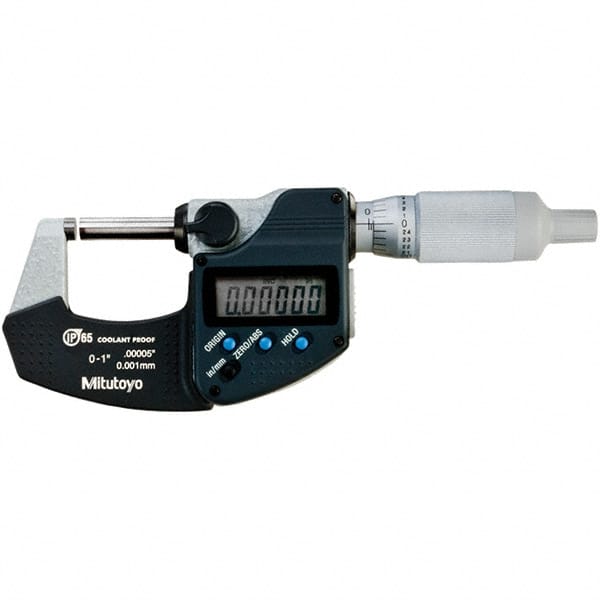 Mitutoyo - 0 to 1" Range, 0.00005" Resolution, Standard Throat IP65 Electronic Outside Micrometer - 0.00005" Accuracy, Ratchet Stop Thimble, Carbide-Tipped Face, SR44 Battery - Exact Tooling