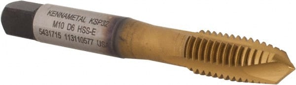 Kennametal - M10x1.50, 3 Flute, TiCN/TiN Finish, Vanadium High Speed Steel Spiral Point Tap - Plug Chamfer, Right Hand Thread, 2-15/16" OAL, 19.1mm Thread Length, 9.68mm Shank Diam, 6H Class of Fit, Series GOtap - Exact Tooling