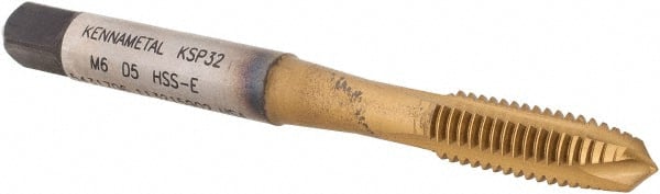 Kennametal - M6x1.00, 3 Flute, TiCN/TiN Finish, Vanadium High Speed Steel Spiral Point Tap - Plug Chamfer, Right Hand Thread, 2-1/2" OAL, 16mm Thread Length, 6.48mm Shank Diam, 6H Class of Fit, Series GOtap - Exact Tooling