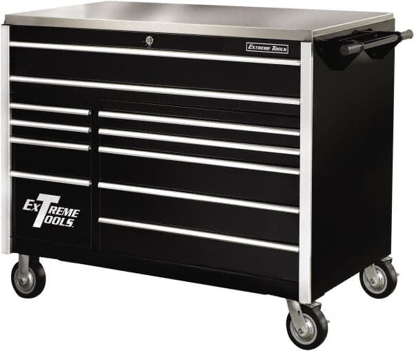 EXTREME TOOLS - 11 Drawer Steel Tool Roller Cabinet - 55" Wide x 46-3/8" High x 30" Deep, Ball Bearing Drawer Slides, Black - Exact Tooling