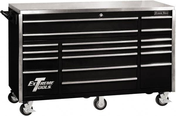 EXTREME TOOLS - 17 Drawer Steel Tool Roller Cabinet - 72" Wide x 46-3/4" High x 30" Deep, Ball Bearing Drawer Slides, Black - Exact Tooling