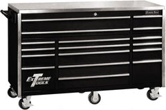 EXTREME TOOLS - 17 Drawer Steel Tool Roller Cabinet - 72" Wide x 46-3/4" High x 30" Deep, Ball Bearing Drawer Slides, Black - Exact Tooling