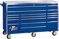 EXTREME TOOLS - 17 Drawer Steel Tool Roller Cabinet - 72" Wide x 46-3/4" High x 30" Deep, Ball Bearing Drawer Slides, Blue - Exact Tooling