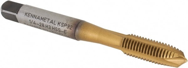 Kennametal - 1/4-28, 3 Flute, TiCN/TiN Finish, Vanadium High Speed Steel Spiral Point Tap - Plug Chamfer, Right Hand Thread, 2-1/2" OAL, 16mm Thread Length, 6.48mm Shank Diam, 3B Class of Fit, Series GOtap - Exact Tooling