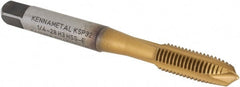 Kennametal - 1/4-28, 3 Flute, TiCN/TiN Finish, Vanadium High Speed Steel Spiral Point Tap - Plug Chamfer, Right Hand Thread, 2-1/2" OAL, 16mm Thread Length, 6.48mm Shank Diam, 3B Class of Fit, Series GOtap - Exact Tooling