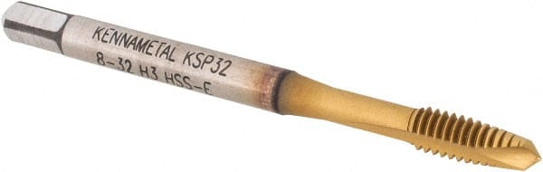 Kennametal - #8-32, 2 Flute, TiCN/TiN Finish, Vanadium High Speed Steel Spiral Point Tap - Plug Chamfer, Right Hand Thread, 2-1/8" OAL, 9.7mm Thread Length, 4.27mm Shank Diam, 2B Class of Fit, Series GOtap - Exact Tooling