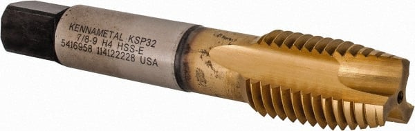 Kennametal - 7/8-9, 3 Flute, TiCN/TiN Finish, Vanadium High Speed Steel Spiral Point Tap - Plug Chamfer, Right Hand Thread, 4-11/16" OAL, 34mm Thread Length, 17.7mm Shank Diam, 3B Class of Fit, Series GOtap - Exact Tooling