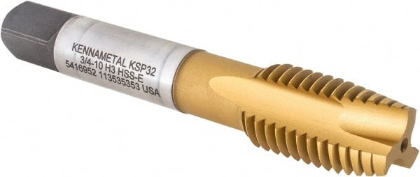 Kennametal - 3/4-10, 3 Flute, TiCN/TiN Finish, Vanadium High Speed Steel Spiral Point Tap - Plug Chamfer, Right Hand Thread, 4-1/4" OAL, 31mm Thread Length, 14.99mm Shank Diam, Series GOtap - Exact Tooling