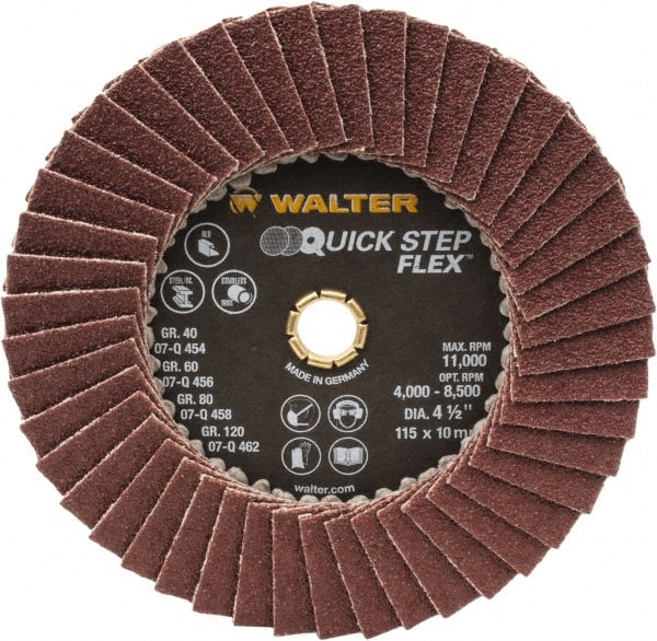 WALTER Surface Technologies - 60 Grit, 4-1/2" Disc Diam, Type 29 Aluminum Oxide Flap Disc - 11,000 Max RPM, Fiber Backing, Arbor Attaching System, Coated - Exact Tooling