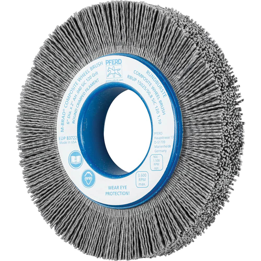 PFERD - Wheel Brushes; Outside Diameter (Inch): 6 ; Wire Type: Crimped; Round ; Fill Material: Nylon; Silicon Carbide ; Trim Length (Inch): 1-1/4 ; Filament Wire Diameter Range: 0.0300 & Above ; Maximum RPM: 3600.000 - Exact Tooling