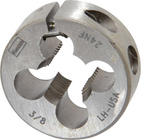 Irwin Hanson - 3/8-24 UNF Thread, 1" Outside Diam Carbon Steel Round Die - 3/8" Thick, Left Hand Thread, Adjustable - Exact Tooling