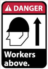 NMC - "Danger - Workers Above", 10" Long x 7" Wide, Pressure-Sensitive Vinyl Safety Sign - Rectangle, 0.004" Thick, Use for Accident Prevention - Exact Tooling