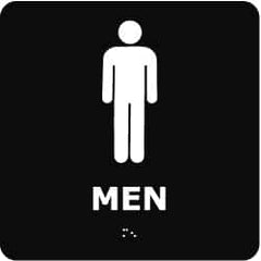 NMC - Men, 8" Wide x 8" High, Plastic Sign - English, Braille, White on Black, Wall Mount - Exact Tooling