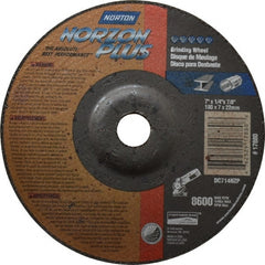 Norton - 24 Grit, 7" Wheel Diam, 1/4" Wheel Thickness, 7/8" Arbor Hole, Type 27 Depressed Center Wheel - Ceramic, 8,600 Max RPM, Compatible with Angle Grinder - Exact Tooling