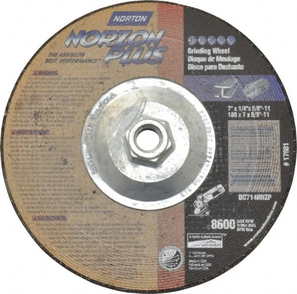 Norton - 24 Grit, 7" Wheel Diam, 1/4" Wheel Thickness, Type 27 Depressed Center Wheel - Ceramic, 8,600 Max RPM, Compatible with Angle Grinder - Exact Tooling