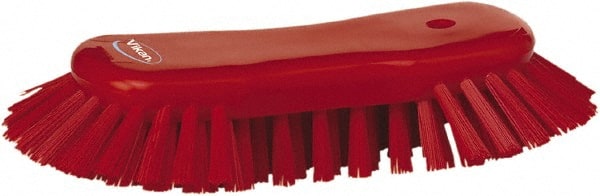 Vikan - 1.3" Bristle Length, Polyester Utility Scrub Brush - 7-3/4" Long x 3" Wide Head, 8" OAL, European Threaded Handle, Red, Polypropylene Block - Exact Tooling