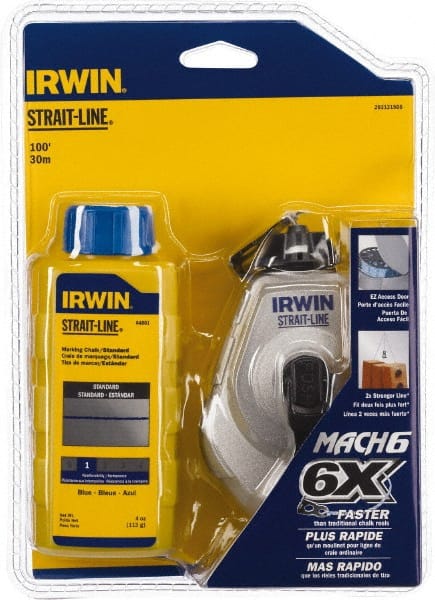 Irwin - 100' Long Reel & Chalk Set - Blue, Includes (1) 4 oz Standard Blue Chalk (6:1) & (1) MACH6 Chalk Reel - Exact Tooling