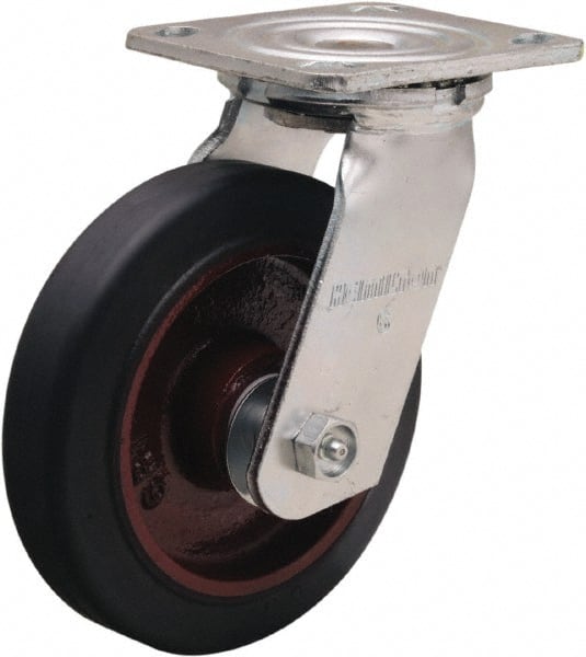 Hamilton - 6" Diam x 1-1/2" Wide x 7-1/2" OAH Top Plate Mount Swivel Caster - Rubber Mold on Cast Iron, 280 Lb Capacity, Straight Roller Bearing, 4 x 4-1/2" Plate - Exact Tooling