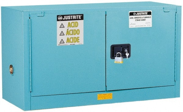 Justrite - 2 Door, 1 Shelf, Blue Steel Stackable Safety Cabinet for Corrosive Chemicals - 24" High x 43" Wide x 18" Deep, Manual Closing Door, 17 Gal Capacity - Exact Tooling