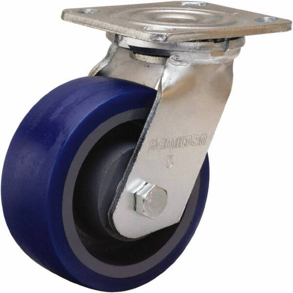 Hamilton - 5" Diam x 2" Wide x 6-1/2" OAH Top Plate Mount Swivel Caster - Polyurethane Mold onto Cast Iron Center, 840 Lb Capacity, Sealed Precision Ball Bearing, 4 x 4-1/2" Plate - Exact Tooling