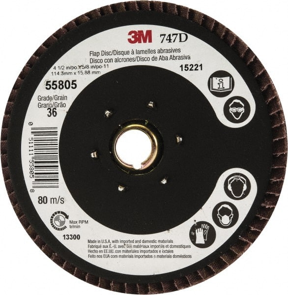 3M - 36 Grit, 4-1/2" Disc Diam, 5/8-11 Center Hole, Type 27 Ceramic Flap Disc - 13,300 Max RPM, Cloth Backing, Arbor Attaching System, Coated - Exact Tooling