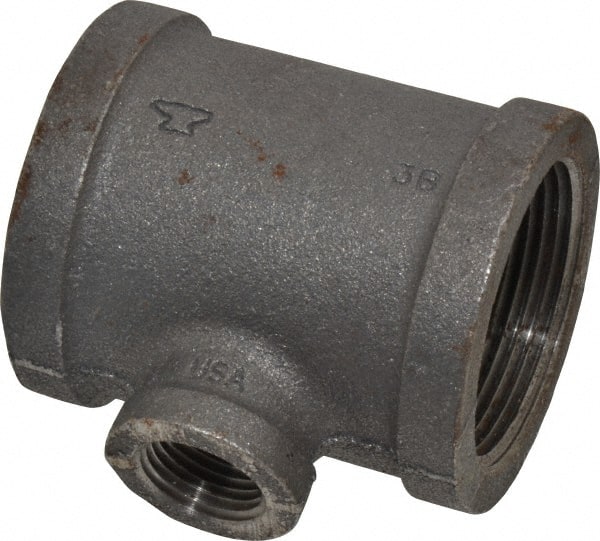 Made in USA - Size 1-1/2 x 1-1/2 x 1/2", Class 150, Malleable Iron Black Pipe Reducing Tee - 300 psi, Threaded End Connection - Exact Tooling