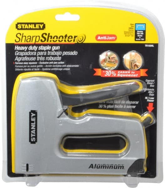 Stanley - Manual Staple Gun - 1/4, 5/16, 3/8, 1/2, 9/16" Staples, Yellow & Black, Aluminum - Exact Tooling