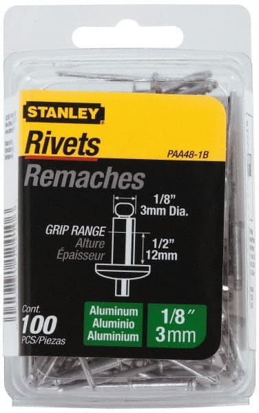 Stanley - Aluminum Color Coded Blind Rivet - Aluminum Mandrel, 3/8" to 1/2" Grip, 1/4" Head Diam, 0.125" to 0.133" Hole Diam, 0.65" Length Under Head, 1/8" Body Diam - Exact Tooling