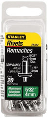 Stanley - Aluminum Color Coded Blind Rivet - Aluminum Mandrel, 0.031" to 1/8" Grip, 5/16" Head Diam, 0.156" to 0.164" Hole Diam, 0.3" Length Under Head, 5/32" Body Diam - Exact Tooling
