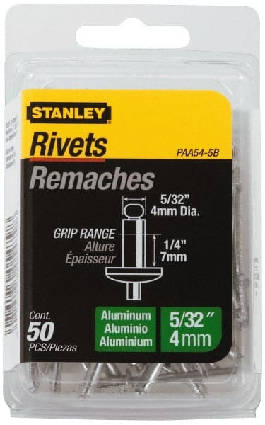 Stanley - Aluminum Color Coded Blind Rivet - Aluminum Mandrel, 0.188" to 1/4" Grip, 5/16" Head Diam, 0.156" to 0.164" Hole Diam, 0.425" Length Under Head, 5/32" Body Diam - Exact Tooling