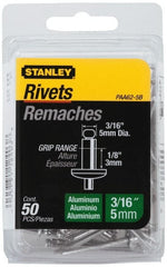 Stanley - Aluminum Color Coded Blind Rivet - Aluminum Mandrel, 0.032" to 1/8" Grip, 3/8" Head Diam, 0.188" to 0.196" Hole Diam, 0.325" Length Under Head, 3/16" Body Diam - Exact Tooling