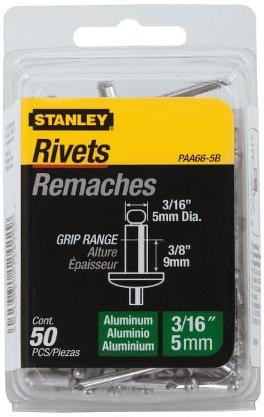 Stanley - Aluminum Color Coded Blind Rivet - Aluminum Mandrel, 0.313" to 3/8" Grip, 3/8" Head Diam, 0.188" to 0.196" Hole Diam, 0.575" Length Under Head, 3/16" Body Diam - Exact Tooling