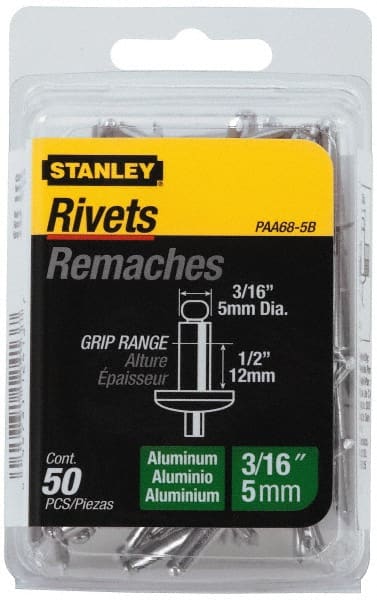 Stanley - Aluminum Color Coded Blind Rivet - Aluminum Mandrel, 3/8" to 1/2" Grip, 3/8" Head Diam, 0.188" to 0.196" Hole Diam, 0.7" Length Under Head, 3/16" Body Diam - Exact Tooling