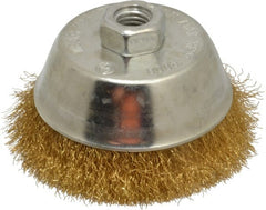 Value Collection - 4" Diam, 5/8-11 Threaded Arbor, Brass Fill Cup Brush - 0.008 Wire Diam, 1-1/8" Trim Length, 9,000 Max RPM - Exact Tooling