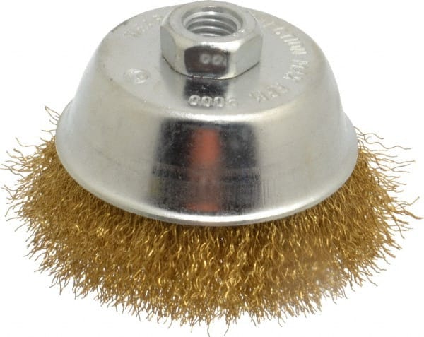 Value Collection - 4" Diam, 5/8-11 Threaded Arbor, Brass Fill Cup Brush - 0.014 Wire Diam, 1-1/8" Trim Length, 9,000 Max RPM - Exact Tooling