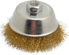Value Collection - 4" Diam, 5/8-11 Threaded Arbor, Brass Fill Cup Brush - 0.014 Wire Diam, 1-1/8" Trim Length, 9,000 Max RPM - Exact Tooling