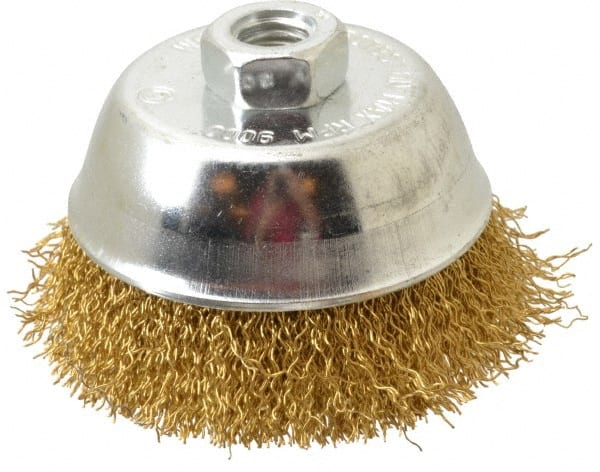 Value Collection - 4" Diam, 5/8-11 Threaded Arbor, Brass Fill Cup Brush - 0.02 Wire Diam, 1-1/8" Trim Length, 9,000 Max RPM - Exact Tooling