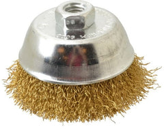 Value Collection - 4" Diam, 5/8-11 Threaded Arbor, Brass Fill Cup Brush - 0.02 Wire Diam, 1-1/8" Trim Length, 9,000 Max RPM - Exact Tooling