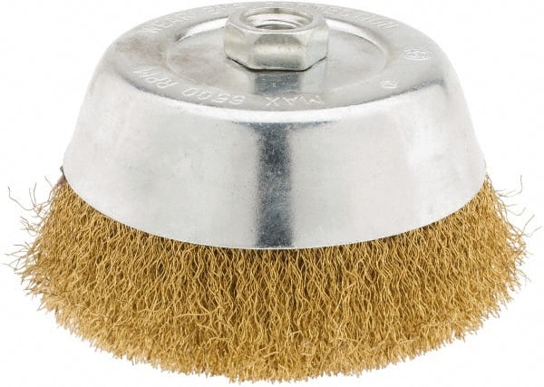 Value Collection - 6" Diam, 5/8-11 Threaded Arbor, Brass Fill Cup Brush - 0.014 Wire Diam, 1-1/4" Trim Length, 6,500 Max RPM - Exact Tooling